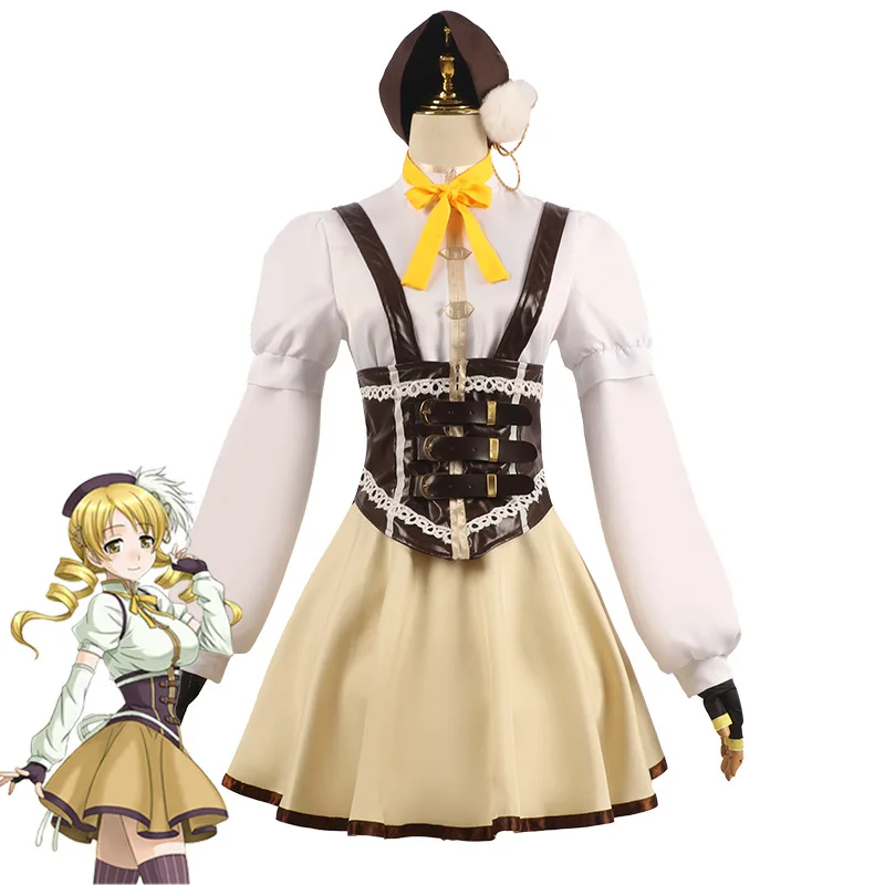 

Tomoe Mami Cosplay Anime Puella Magi Madoka Magica Cosplay Costume Full Set Hat Sock woman party set wig