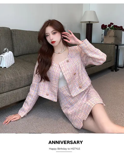 Korean Style Suit Women's Elegant Quilted Tweed Coat High Waist