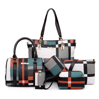 6PCS Women's Bag Set Fashion PU Leather Ladies Handbag Grid Print Messenger Shoulder Bag Wallet Bags women evening bag canvas messenger bag