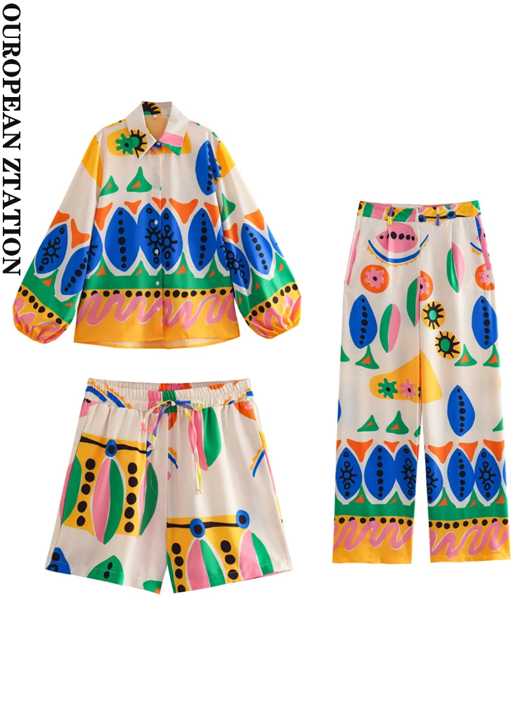 

PAILETE Women 2023 fashion floral print shirts or high waist drawstring shorts or high waist zipper straight pants sets mujer