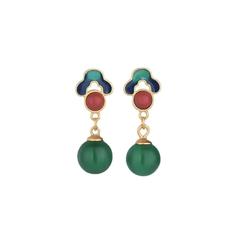 

Green Jade Bead Ear Studs Earrings 925 Silver Gemstone Amulet Chalcedony Fashion Jewelry Gifts Crystal Women Zircon Natural