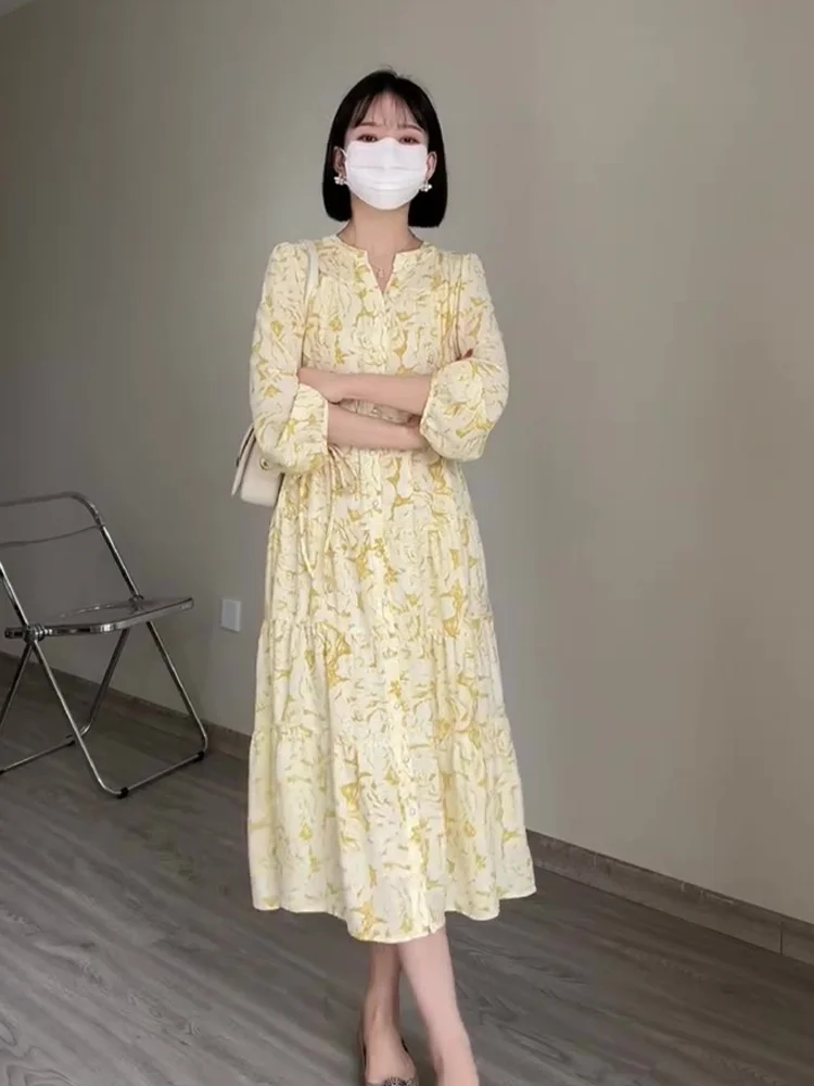 

Женское платье в пасторальном стиле, элегантное французское желтое платье с цветочным принтом, юбка в европейском стиле богини, лето 2023