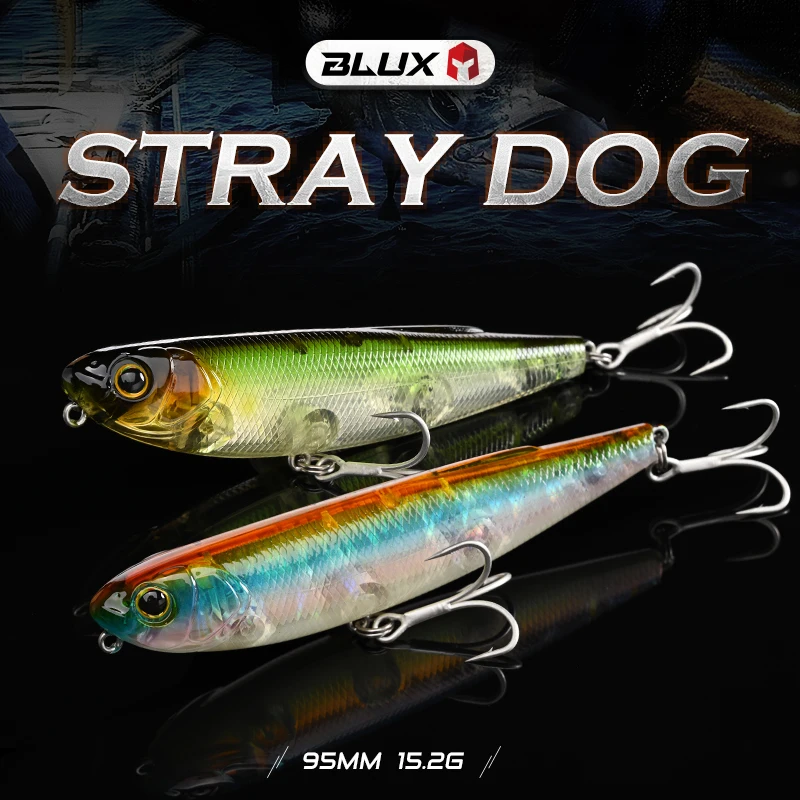 BLUX-señuelo de pesca para Andador de superficie STRAY DOG 95, señuelo de pesca Artificial para agua salada, aparejos de cebo duro para lubina, 95MM, 15,2g