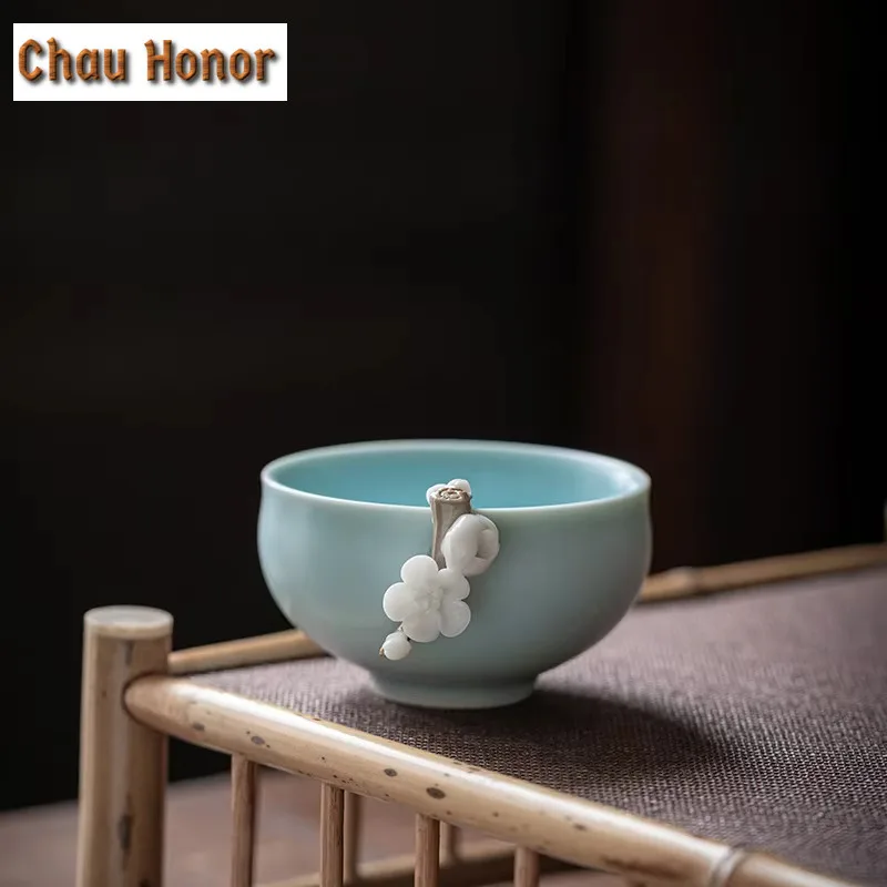 Handmade Sky Blue Ru Kiln Ceramic Tea Cup Hand Pinch Flower Bud Porcelain Master Cup Antique Customization Tea Bowl Gift Box