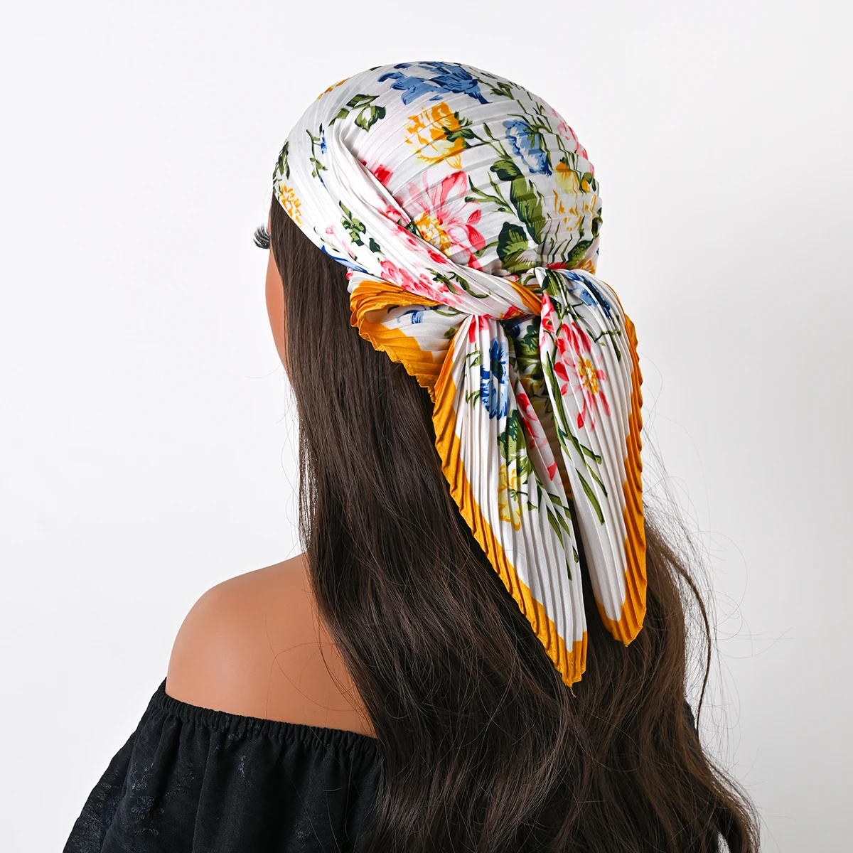 Four Seasons New 70cm Silk Pleated Scarf Print Small Scarves Square Scarf Satin Neckerchief Decorative Headscarf Bandana