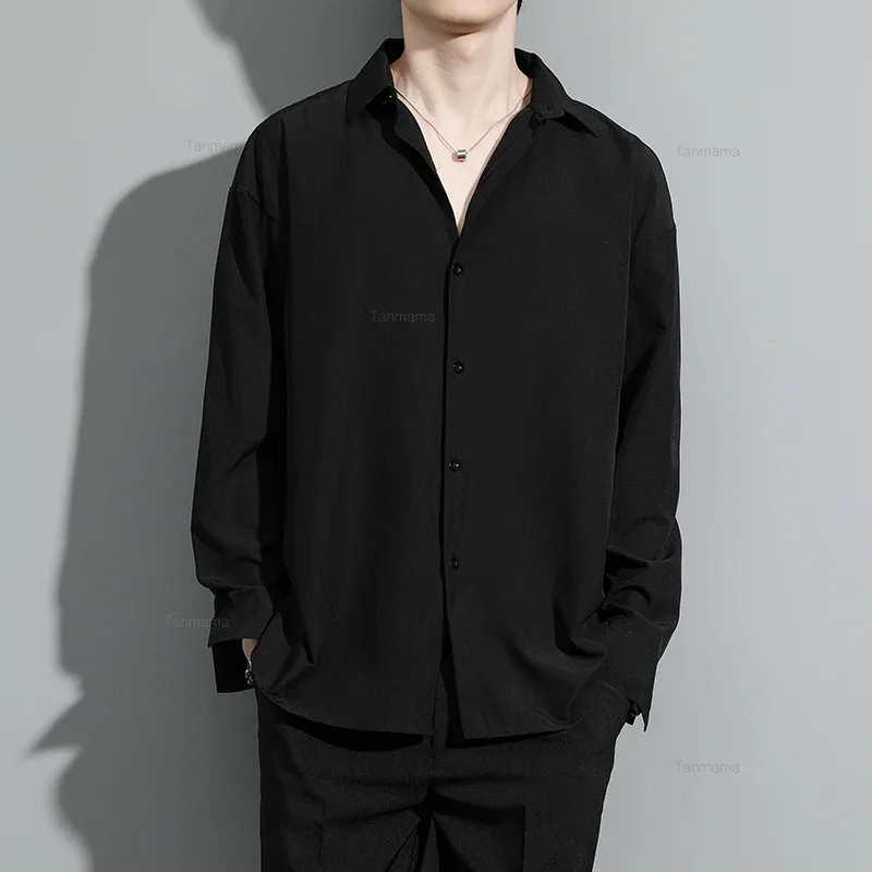 용수철 여름 남성용 루즈한 단색 긴팔 셔츠, 캐주얼 패션, 고탄성 드레이프, 다리미 셔츠, 화이트 블랙 카키 그레이