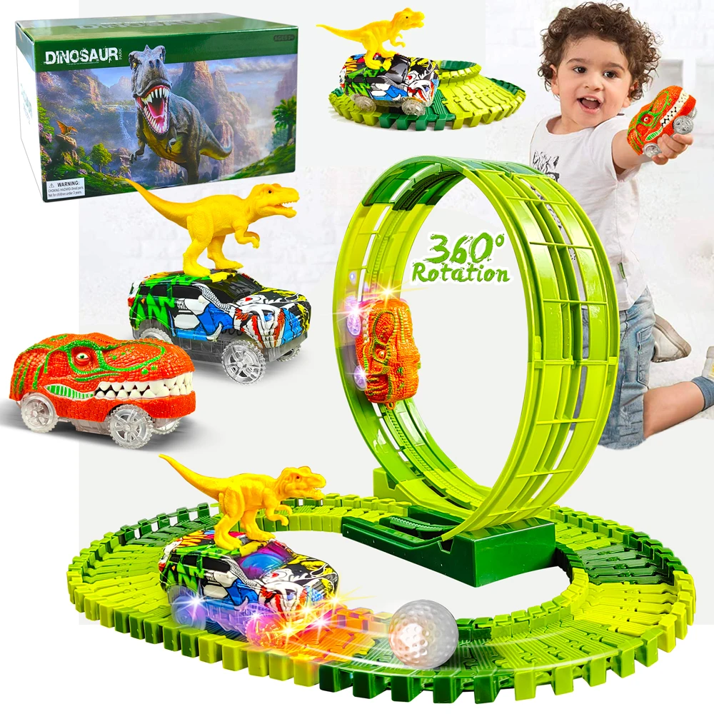 Dinosaur Race Car Track Toys, Create Dinosaur World Race 3 Cars, Flexible Tracks Playset for 3 4 5 6 7 8Year Old Boys and Girls