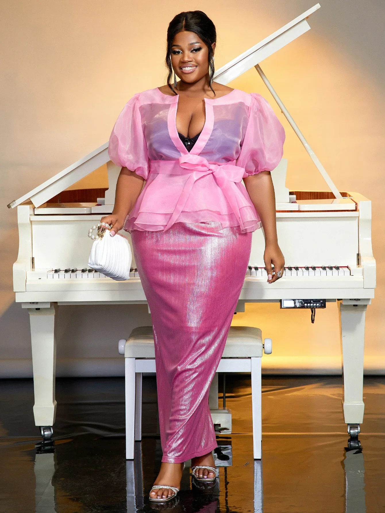 Sexy Pink Women 2 piece Transparent Chiffon Shirt Lantern Sleeves Shiny ...
