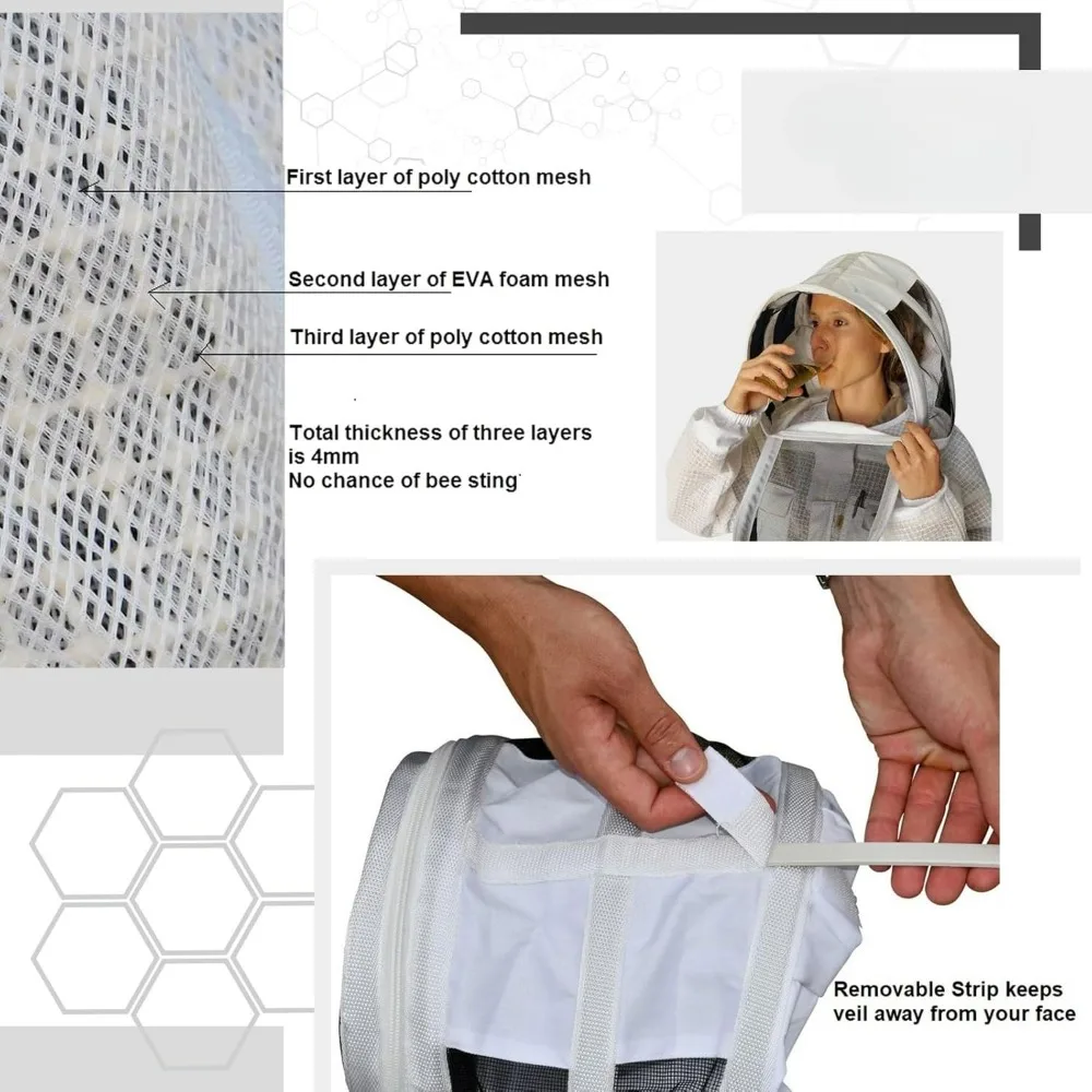 Beekeeping Suit Jacket, Pants/Trousers with 2 Veils Fencing Hood & Round Brim Hat, Ventilated 3 Layer Mesh Costume