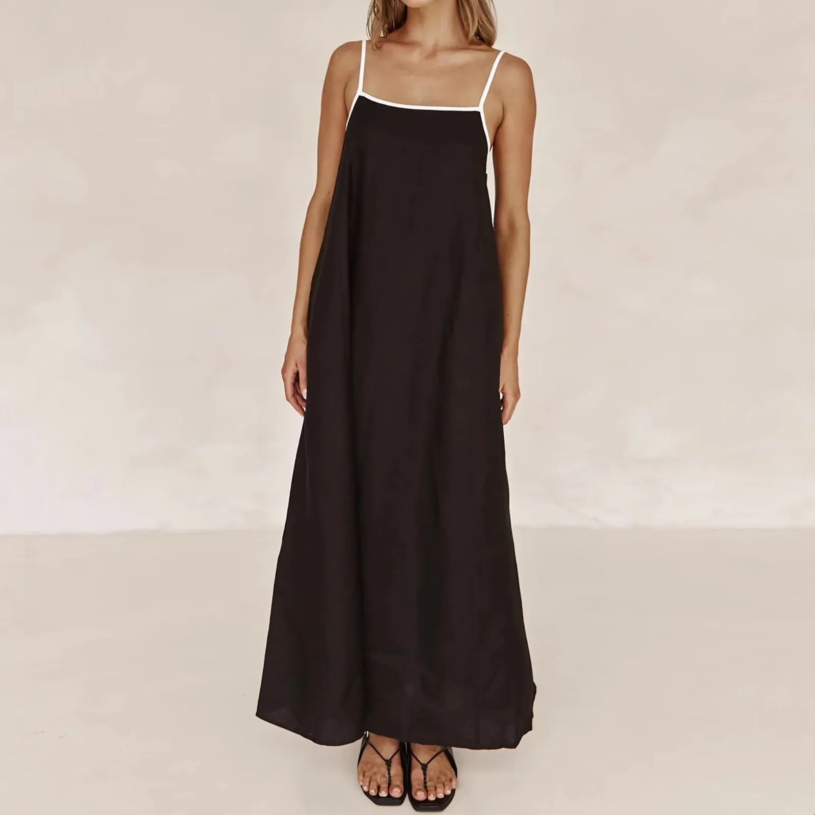 

Women's Casual Maxi Dress Fashion Contrast Trim Spaghetti Straps Big Swing Dresses 2024 Summer New Sleeveless Long Skirts