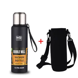 Deluxe Stainless Steel Insulated Thermos with Carrying Rope for Hot and Cold Beverages (Black with bag)