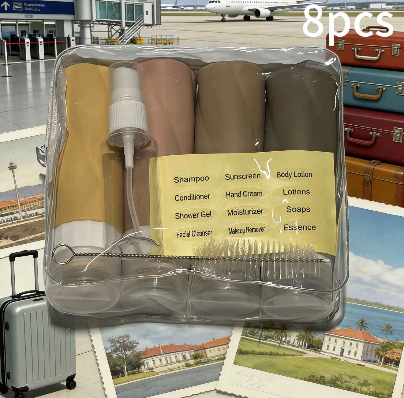 Deluxe Travel Toiletry Kit – Complete with Cleaning Brush, Stylish Travel Sticker, Handy 30ml Spray Bottle, Versatile Toiletry Bag, and Four 90ml Refillable Containers – Ideal for Cruises, Vacations, and Holiday Gifting