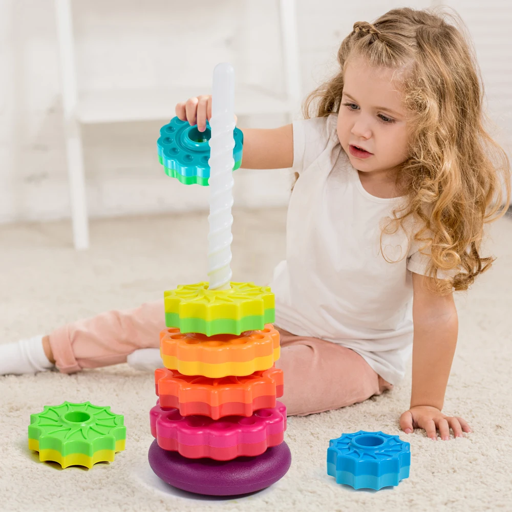 Montessori Rotating Rainbow Tower Baby Stacking Puzzle Toys Safety Early Educational Toy Colored Children's Toys Gift