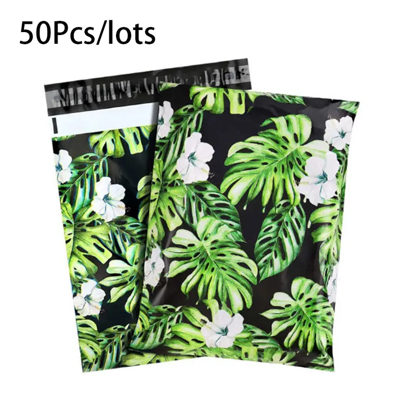 

50Pcs Poly Express Logistics Mailing Bags Green Leaves Printing Transport Postal Bags Envelope Clothing Gifts Packaging Pouch