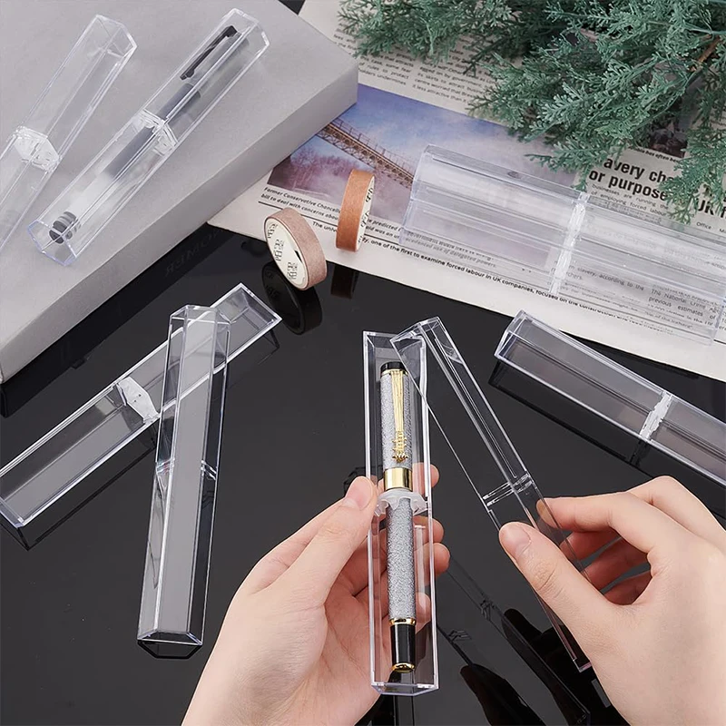 10-60Pcs Transparent Pen Box Hexagonal Pen Case Acrylic Display Box for School Office Clear Plastic Case