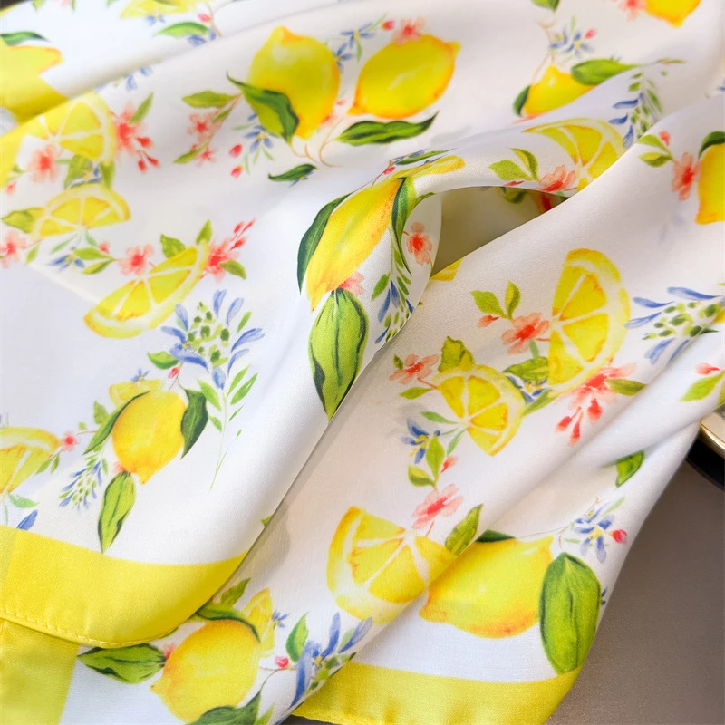 70*70cm Zitrone Druck frauen Silk Schal Luxus Kopftuch Krawatten Mode Schmücken Handtuch Weibliche Sommer Hijab Tasche bänder – Detail 12