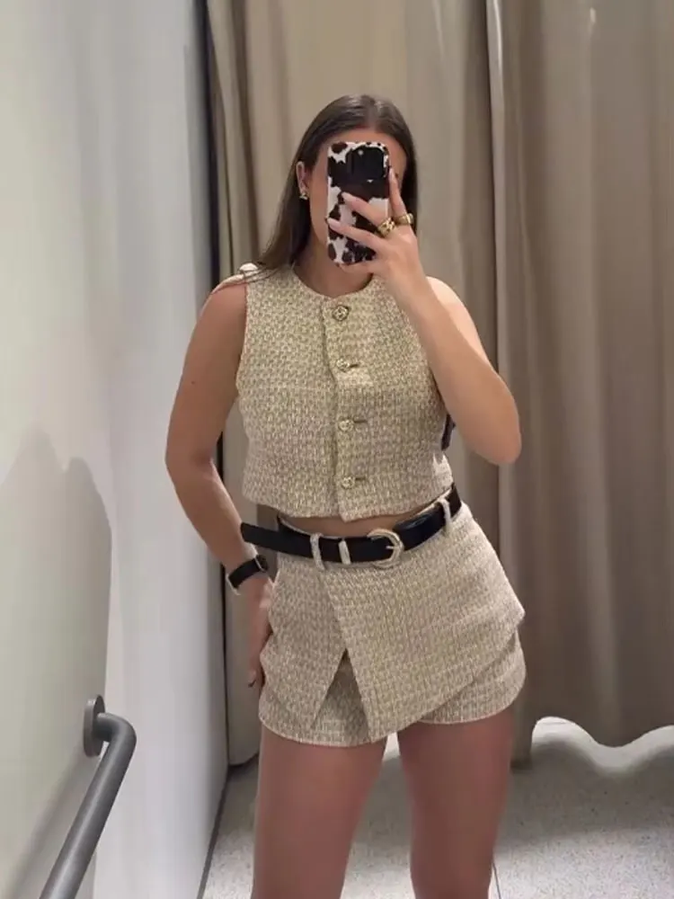 HH Women Fashion Shorts Sets Single-Breasted O Neck Cropped Vest High Waist Shorts Skirts With Belt High Street Lady Outfits