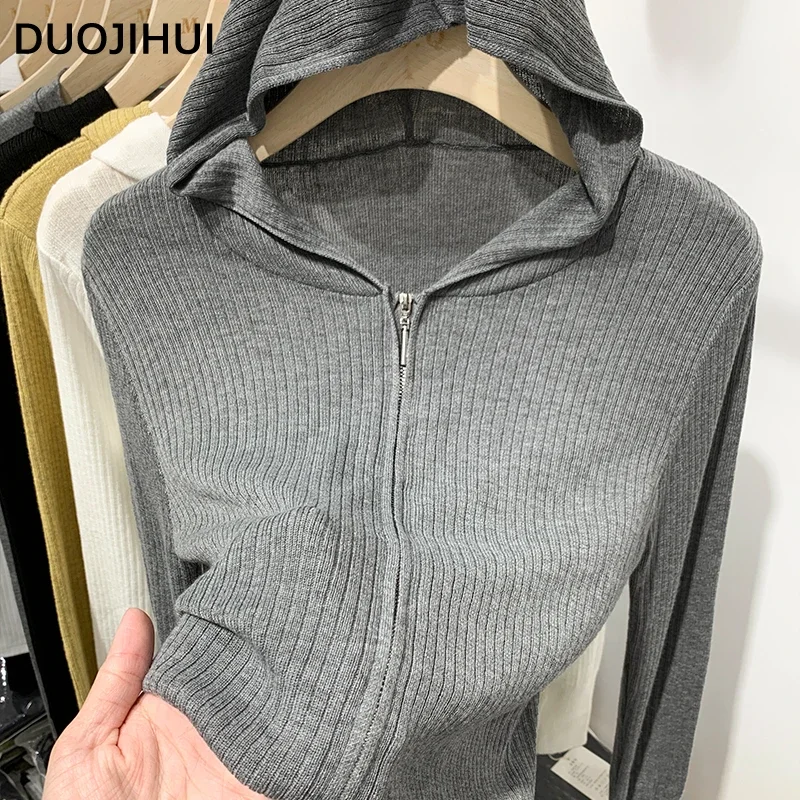 DUOJIHUI 여성용 루즈 슬림 스타일 캐주얼 가디건, 시크한 후드 니트, 심플한 단색 패션 지퍼, 가을 신상