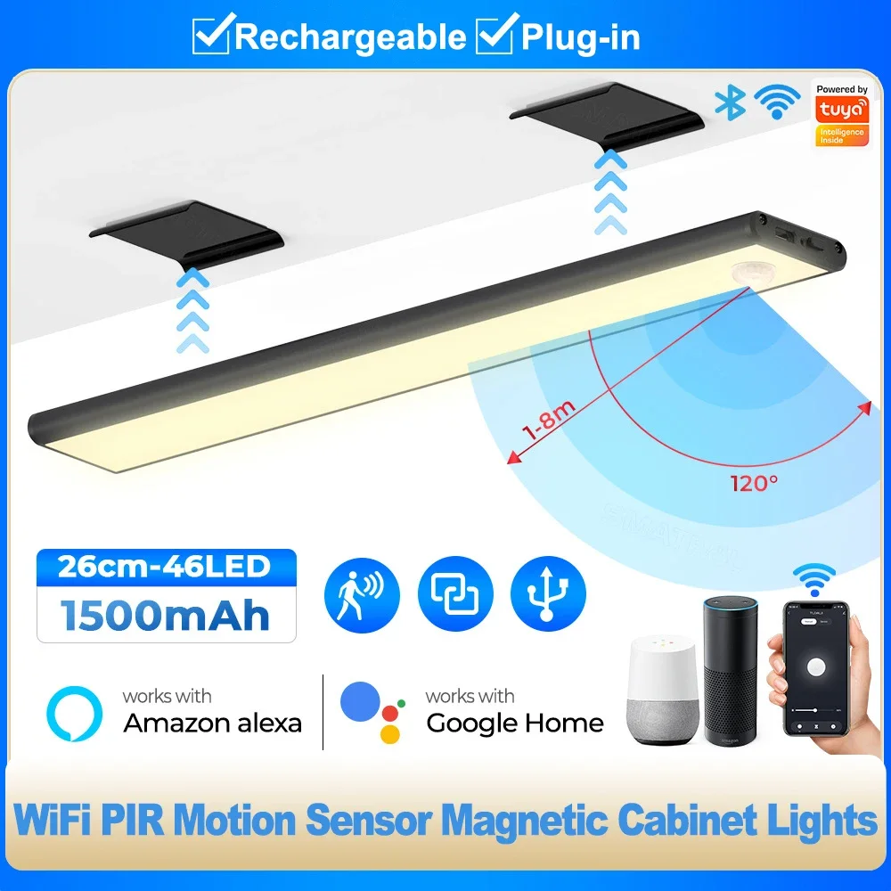 Smart Sensor Night Light Rechargeable Tuya WiFi APP Control Cabinet Light Magnetic 26cm Wall Lamp 120&deg; Induction Works Bar