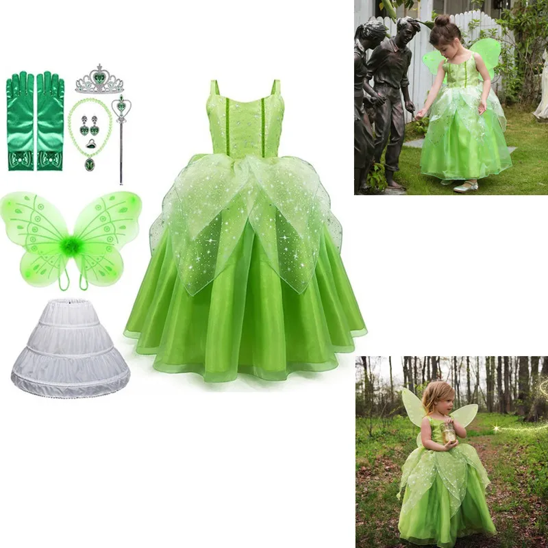 Kids Princess And The Frog Green Elf Tinkerbell Cosplay Birthday Party Halloween Girls Fancy Ball Gown Happy Purim Faery Dress