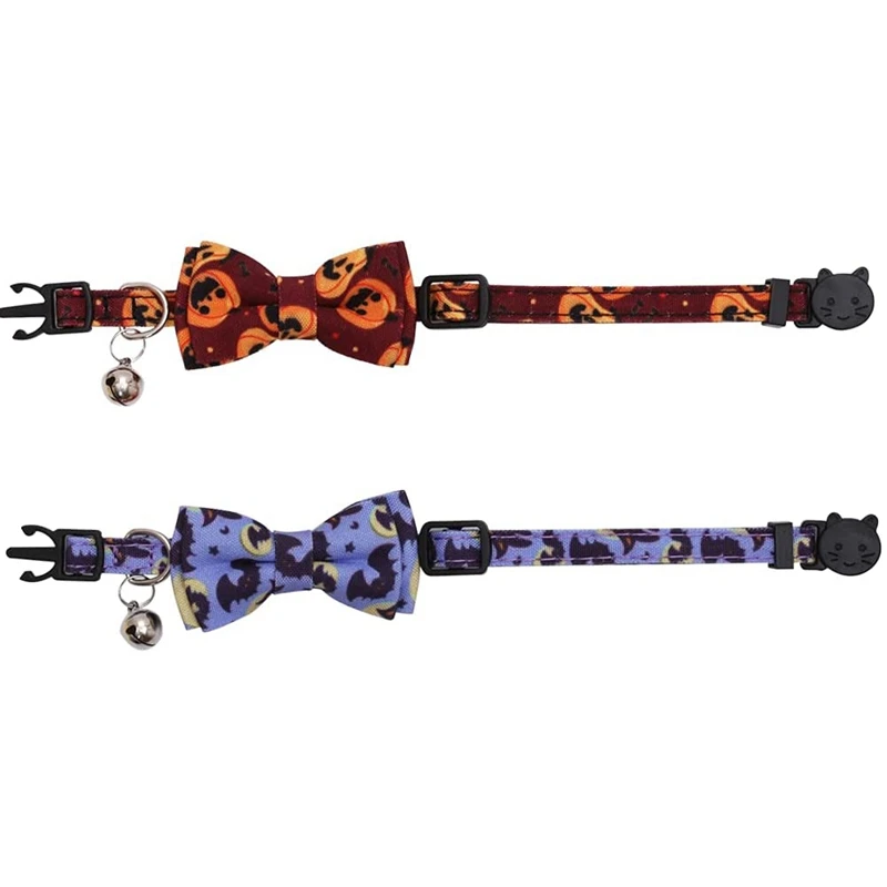 2 Pack/Set Halloween Cat Collar Breakaway with Cute Bow Tie and Bell for Kitty Adjustable Safety |