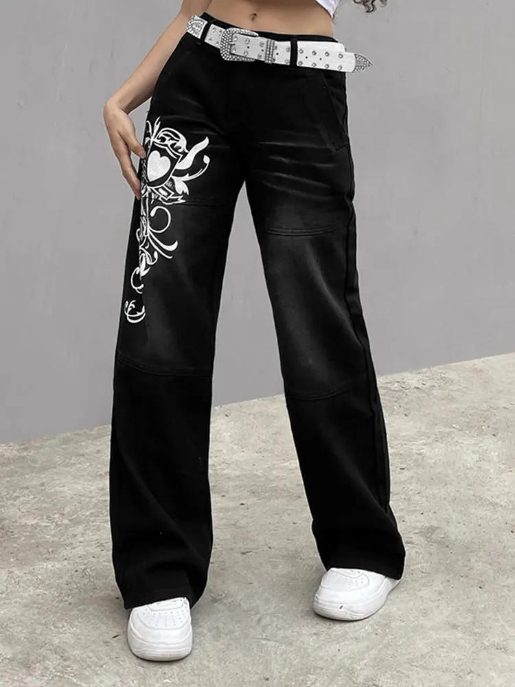 Women's Y2K E-Girl Jeans Casual Star Print Pants Classic Straight Leg  Trousers