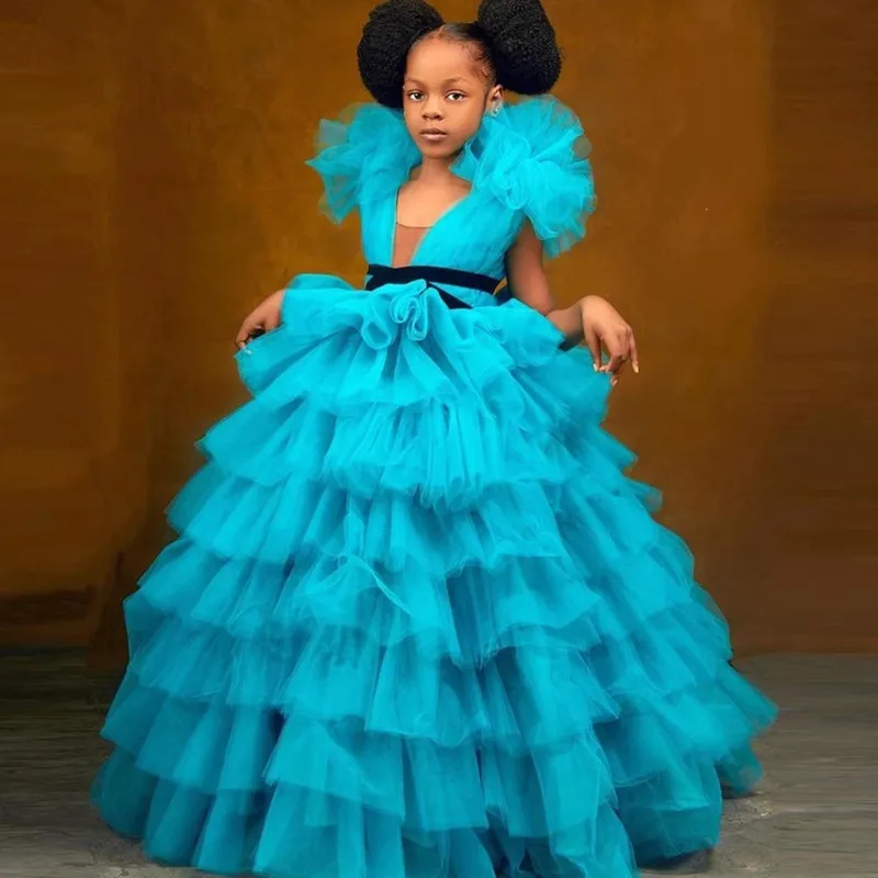 

Pageant Blue Ruffles Tulle Mother and Daughter Dresses For To Birthday Party Long Princess Gowns GirlsTiered Flower Girl Dresses
