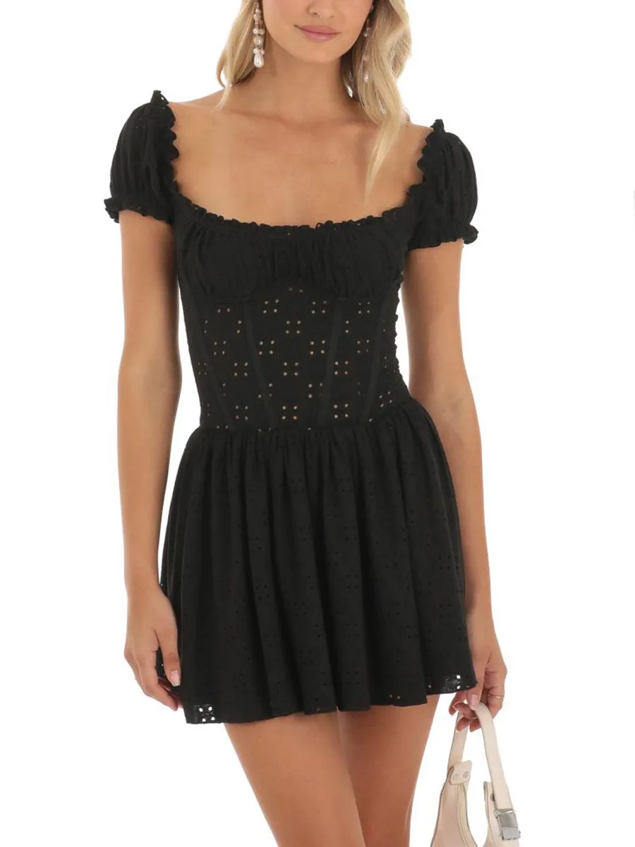 

Fashion Women Party Dress Y2K Casual Backless Short Dress Summer Solid Color Hollow Out Square Neck Short Puff Sleeve Mini Dress