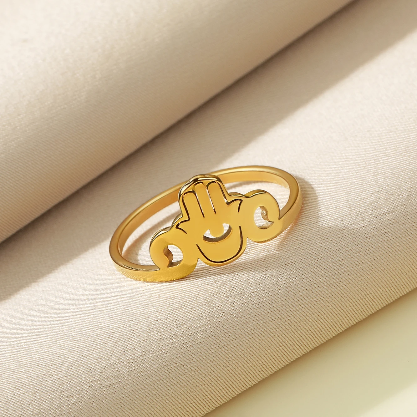 

CHENGXUN Dainty Hand Ring Hamsa Ring Hand of Fatima Ring Stainless Steel Jewelry for Men and Women