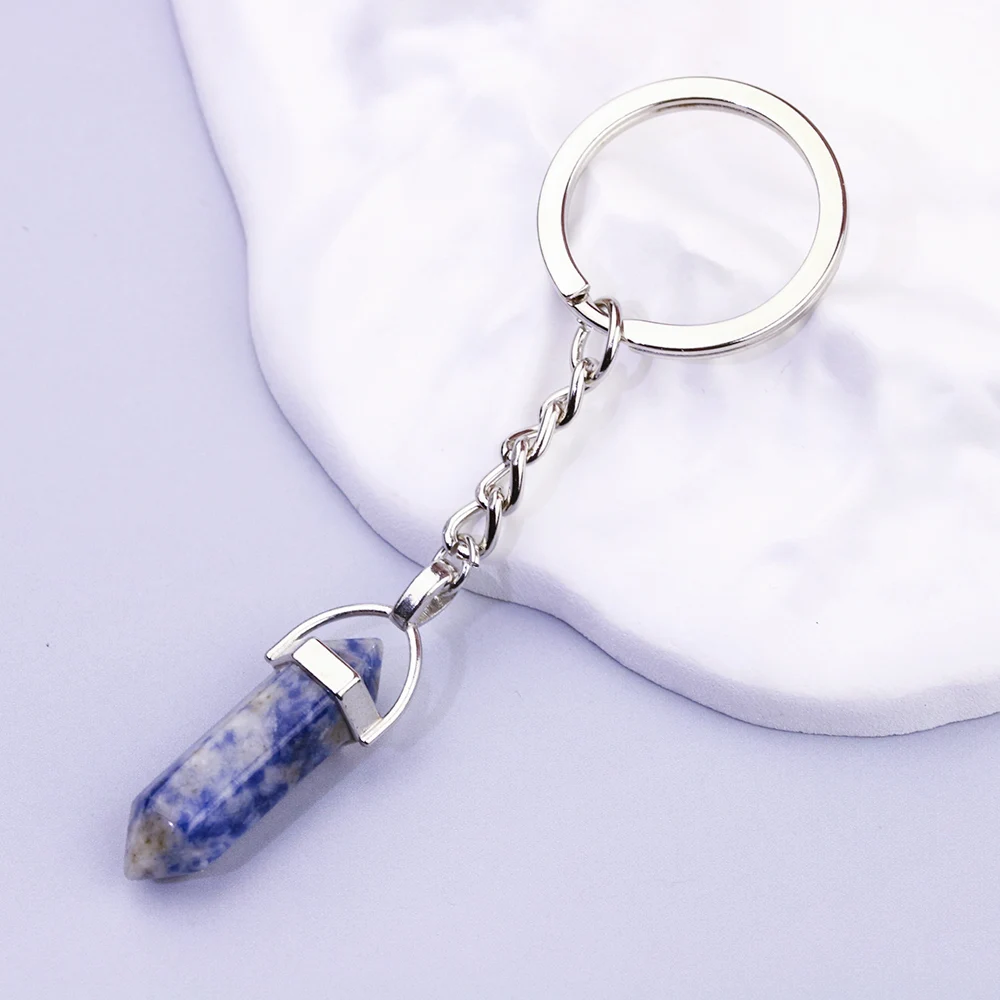 20pcs Natural Six Angle Raw Ore Stone Keychain Crystal Quartz Women Men Car Key Ring Holder  Keyring Jewelry