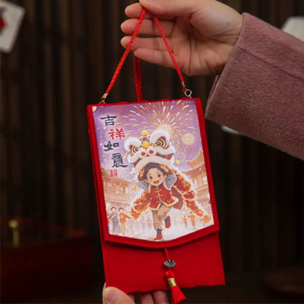 Traditional Spring Festival Cloth Red Envelopes Chinese Style Reusable New Year's Blessing Bag with Hanging Rope Rectangular