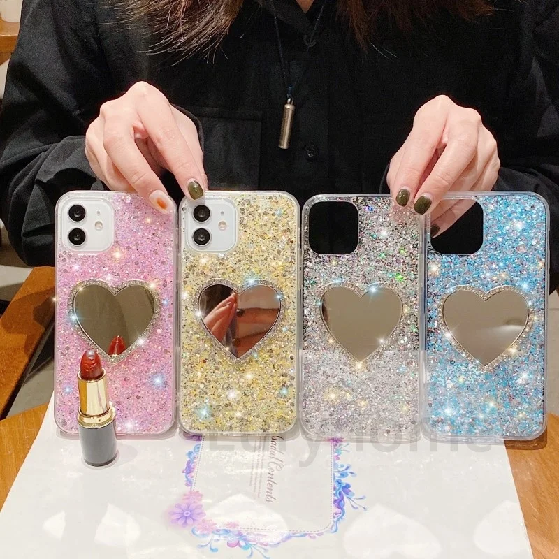Pouzdro Mirror Heart pro OPPO Find X3 Lite Neo Reno 5 6 Realme 8 Pro 8i 7 C21 C20 C11 GT A74 A94 A95 Diamond Glitter Soft T_voghion.com