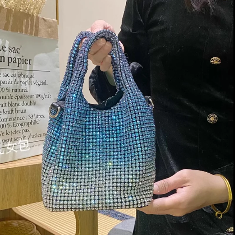 

Роскошная сумка со стразами, сумка-корзина, новинка 2023, сумка-ведро со стразами, женская сумка через плечо с цепочкой
