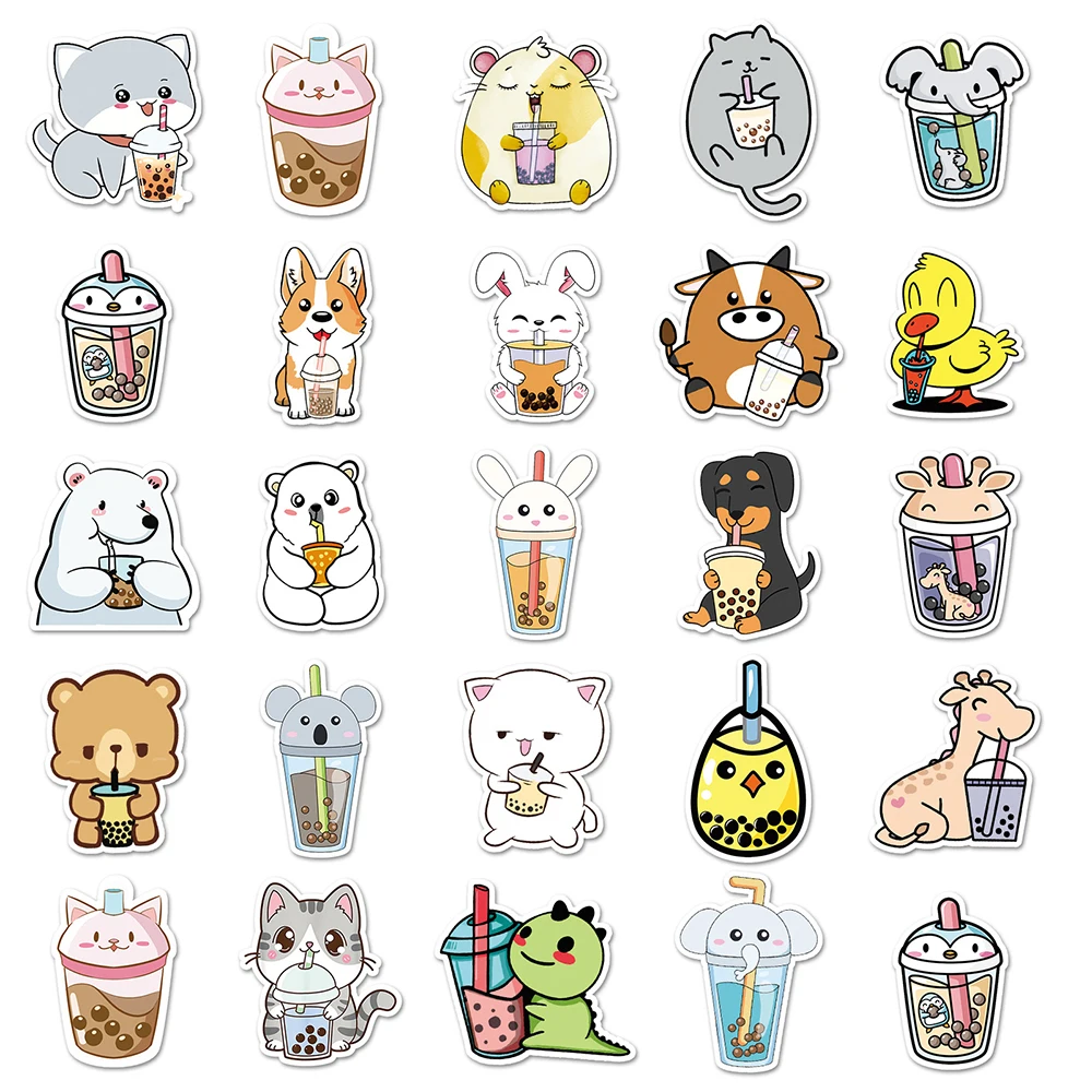 Cute Cartoon Animal Boba Tea Graffiti Stickers - Fun Decorative Decals for Suitcase, Guitar, and Laptop