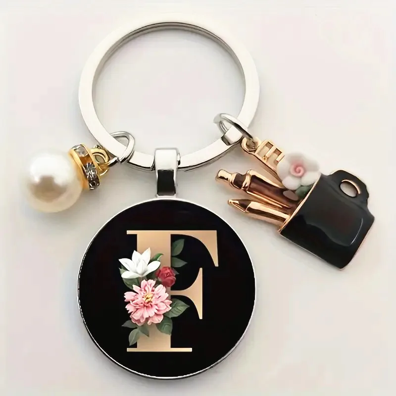 1 Elegant Women Alloy Initial Keychain with Imitation Pearl Vibrant Red Floral Design - Stylish Bag Charm & Perfect Gift for Her 5