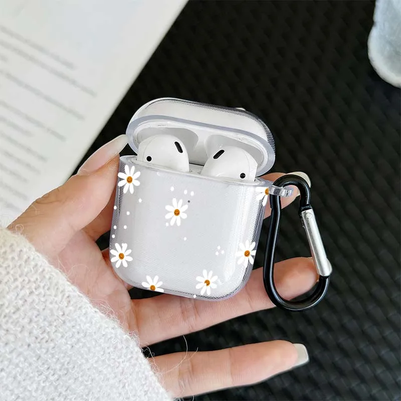 Transparent TPU Flower Pattern Wireless Bluetooth Case with Hook - Protective Cover