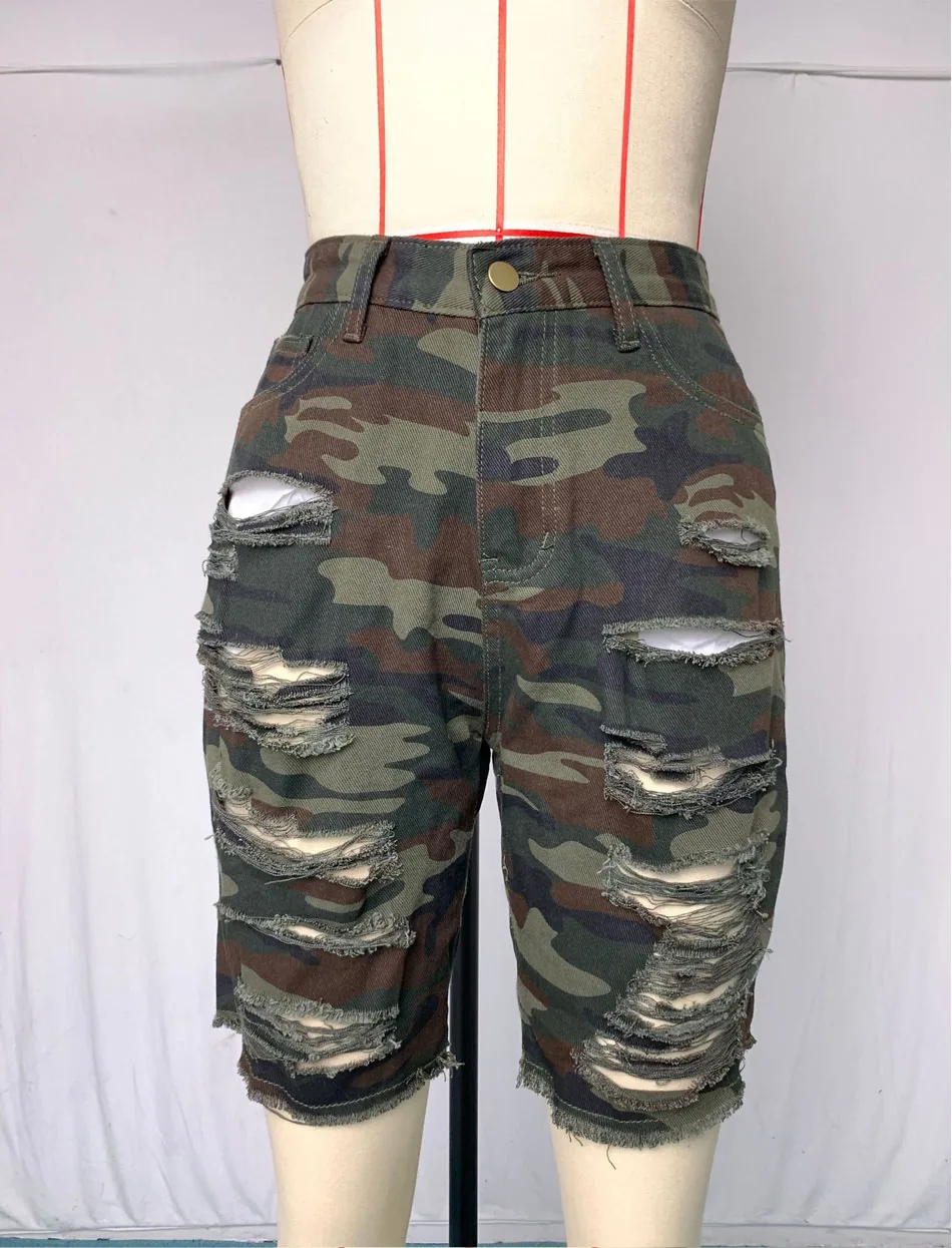 Broken Holes Camo Print Denim Shorts Y2k Women Summer Fashion Sexy High Waist Slim Jeans Plus Size 5XL Bike Short Woman Clothing bike shorts