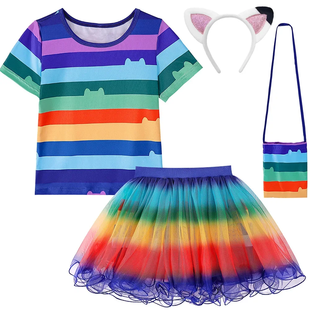 Gabby Dollhouse Cartoon Girls Black And White Stripe T-Shirt+Skirt+Bag Sets Carnival Gabby Cats Costume Party Outfits 8Y