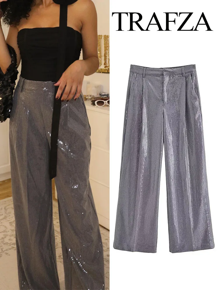 

TRAFZA Female Streetwear Fashion Pants Solid High Waist Pocket Sequin Decoration Zipper Trousers Women Autumn Full Length Pants