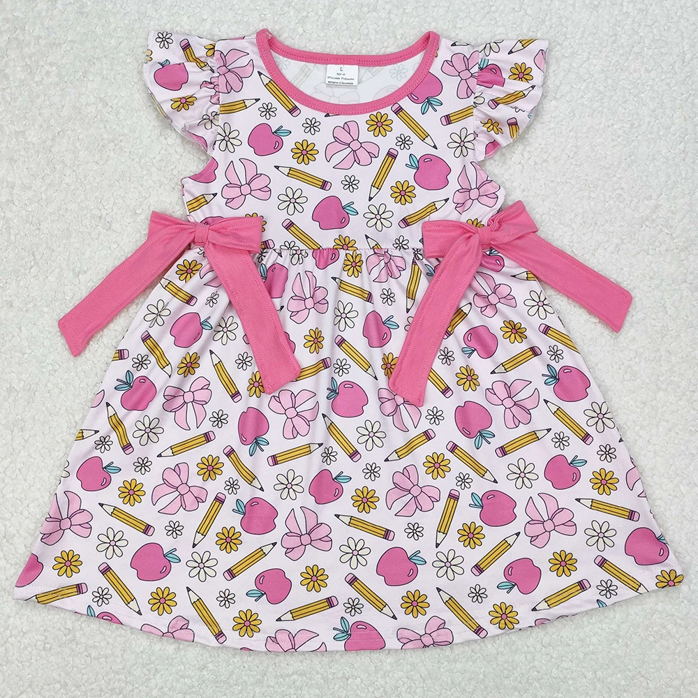 New Design Baby Girls Dress Apple Bows Back To School Knee Length Dresses Boutique Kids Children Clothing Girls Dress