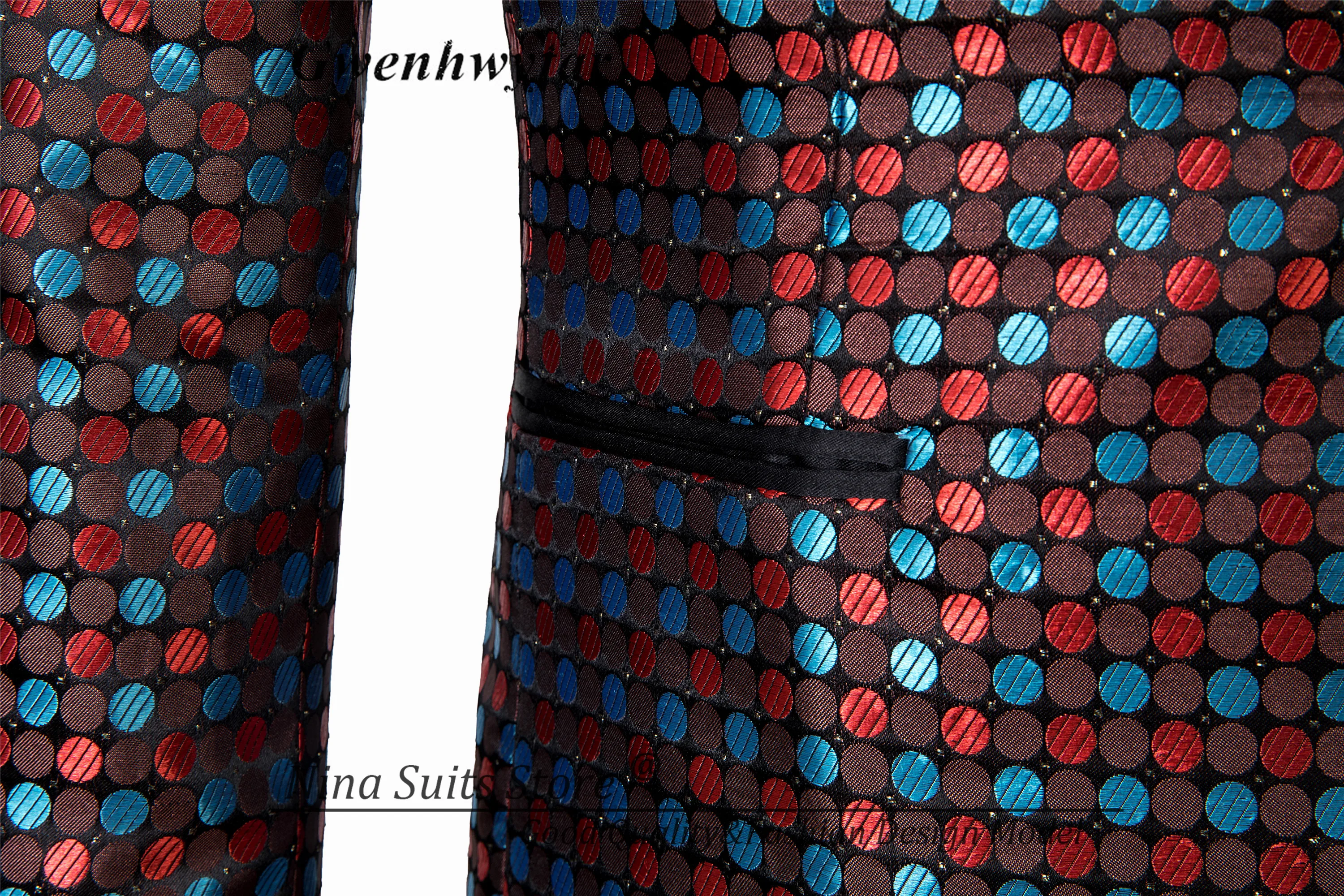 Gwenhwyfar Tailor-made Brown Red Blue Dots Pattern Costume Homme Black Shawl Lapel Men Suit Blazer Double Breasted Vest Pants