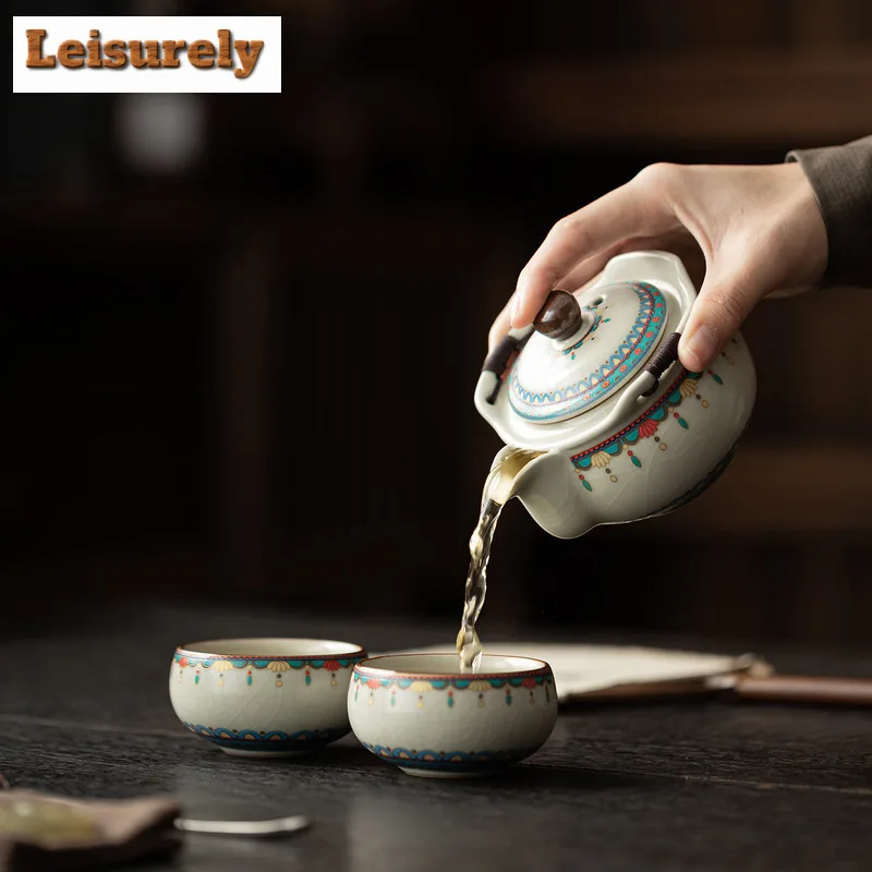Ru Kiln Dunhuang Ruyi Tea Set Complete Set Ancient Tea Ceremony Set Tea Brewing Teapot and Tea Cup Set for Tea Supplies Craft
