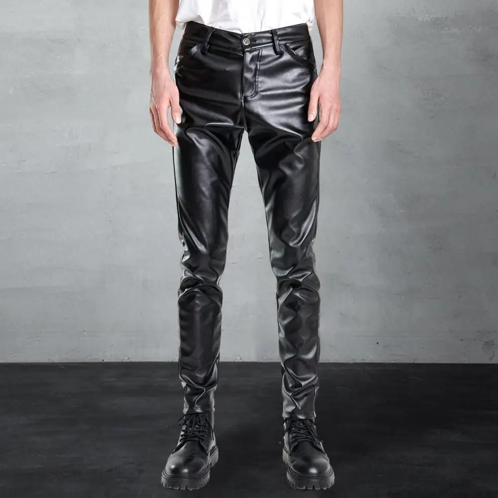 Men Trousers Solid Color Faux Leather Pants Slim Fit