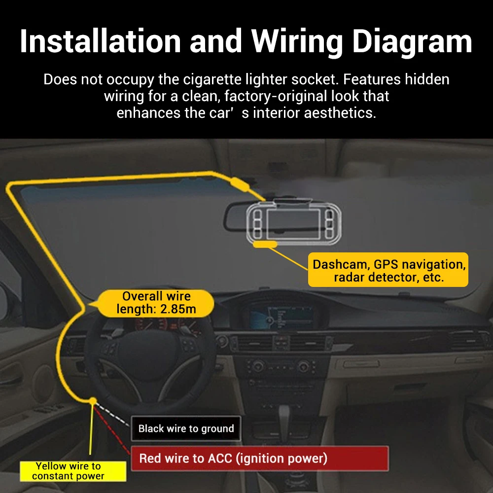 ACC Interface Power Supply Is Suitable for Vehicle DVR Cables 280cm Durable and High-strength ACC Power Supply Cables TYPE-C