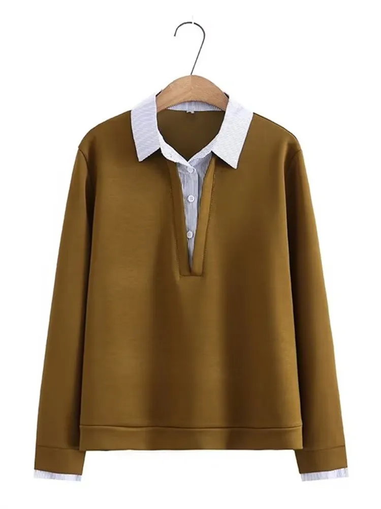 

Plus Size Women's Long Sleeve T-Shirt Spring And Autumn Shirt Collar Lapel Knitted T-Shirt Micro Stretch Large Size Tops XL-4XL
