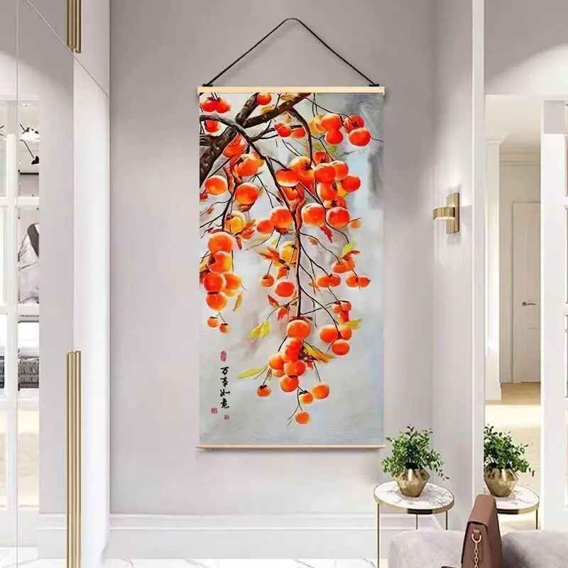 2024 New Chinese style persimmon Ruyi solid wood scroll hanging painting, entrance decoration painting, fabric art, no punching 1