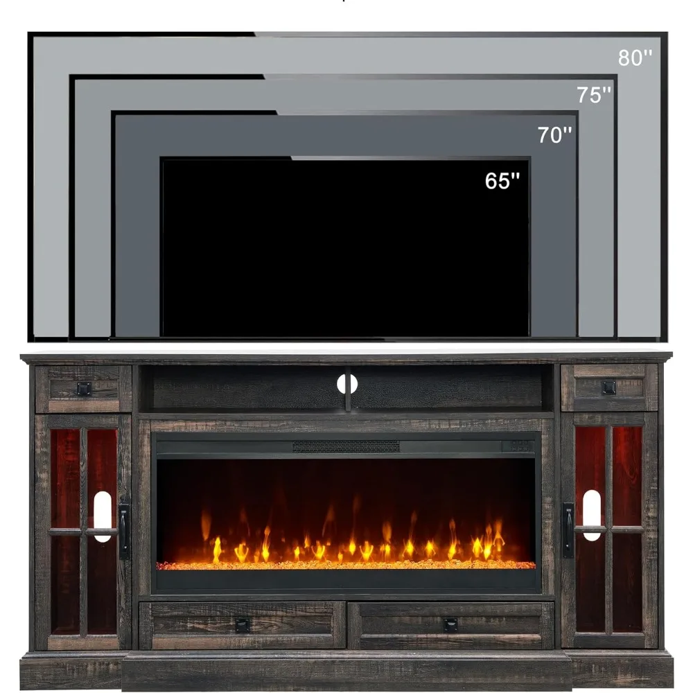 Fireplace TV Stand for 80 Inch TV, Farmhouse Entertainment Center with 42" Fireplace & LED Lights, Modern Media Console Table 6