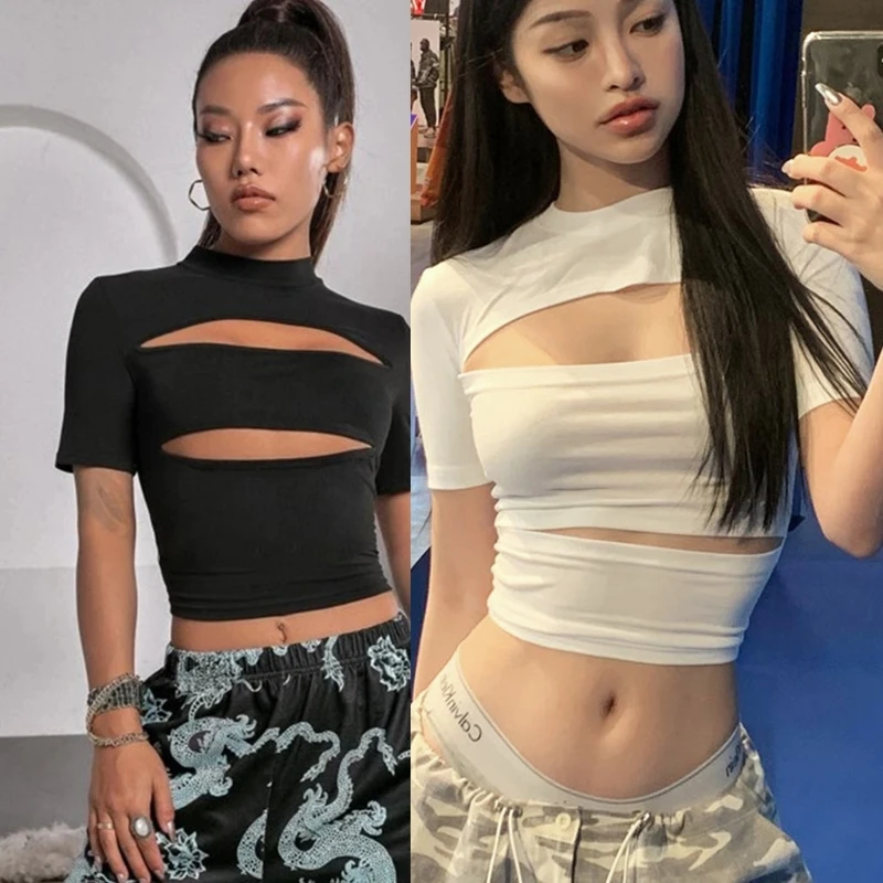 

Sexy Hollow Out Crop Top for Women Street Style Fashion Round Neck Blouses