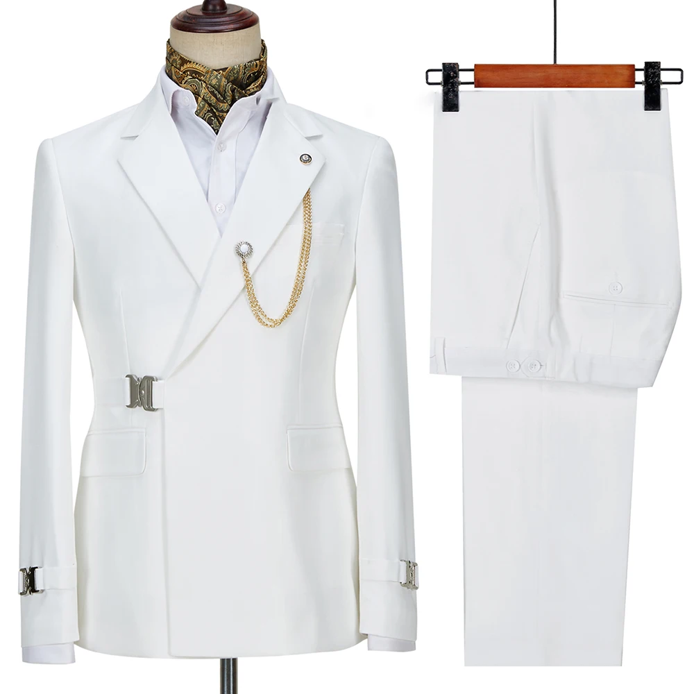 Metal Buckles Men Suits 2 Piece Fashion Khaki Notch Lapel Solid Color Blazer Business Casual Wedding Groom Full Men's Suit