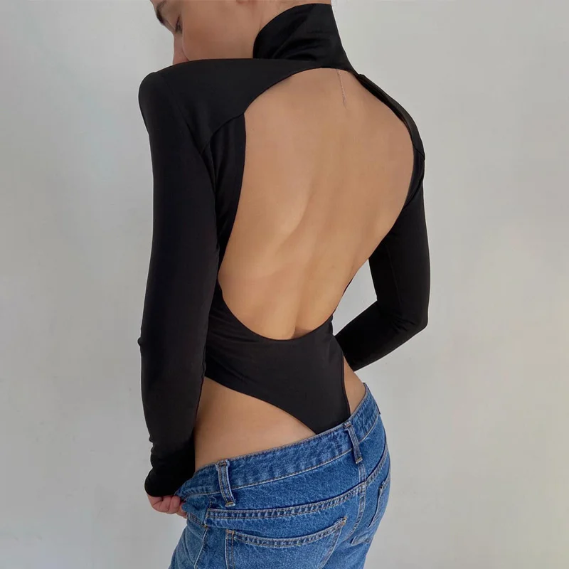 

INS Sexy Back Slim Fit Thin Solid Backed High Neck Top T-shirt Large Open Back Long Sleeve Bodysuit Women